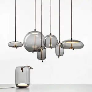 Creative Restaurant Kitchen Dining Room Bar Hanging Lamp Smoked Glass Ball Twisted Rope Pendant Lights for Kitchen