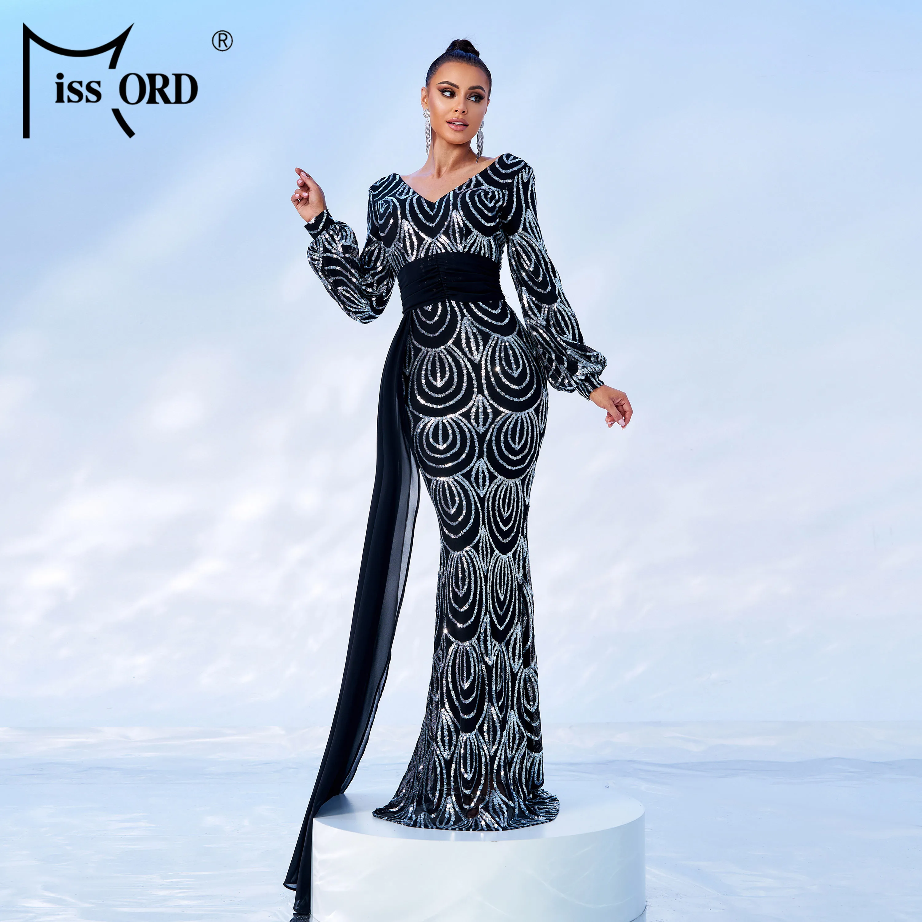 Vestidos de noche modestos de lujo elegantes largos de lentejuelas de  sirena de manga larga para mujer