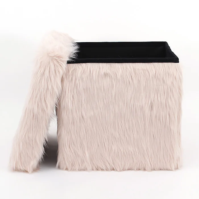 New Design Luxury Faux Fur Poof Ottomans Stool Chair with Storage Space Saving Living Room