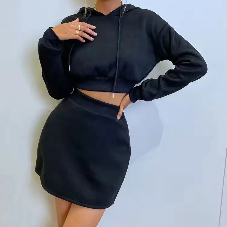 2022 Spring Drop Shoulder Drawstring Crop Hoodie Mini Skirt Women Two Piece Outfits Skirt Set
