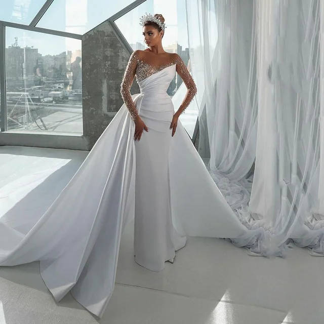 Mumuleo Modern Beaded Satin Wedding Dress With Detachable Train Long Sleeves Bridal Gowns White Bride Dresses Vestido De Novia
