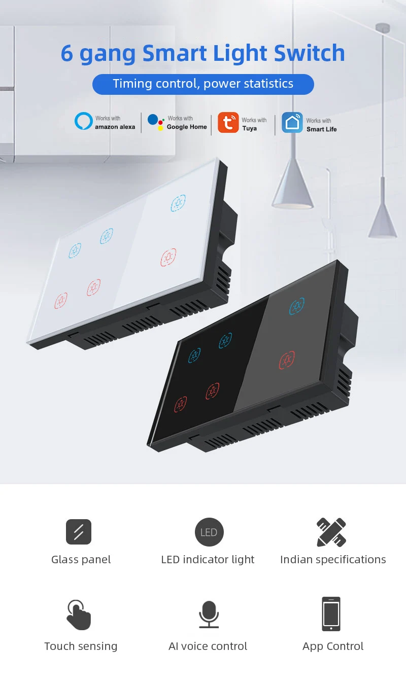 UK Wall Switch 6 Gang Tuya Smart Zigbee Glass Touch Sensing Switch APP Remote Control Timer Control Switch