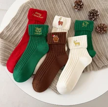 Women's Custom Winter Cotton Christmas Socks Cartoon Embroidery Xmas Socks  Breathable Wholesale