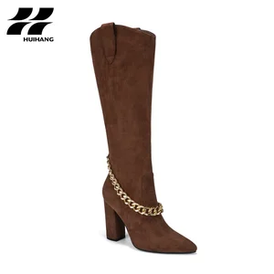 Women's Chic Suede Chain Embellished Knee-High Block Heel Boots Slip-On Comfortable Casual Party Footwear for Winter