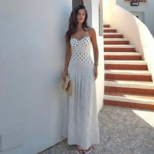 2026 Wholesale Elegant A-Line Black Polka Dots Dress Thin Strap Lace High Quality New Design Long Dress Woven Digital Printing
