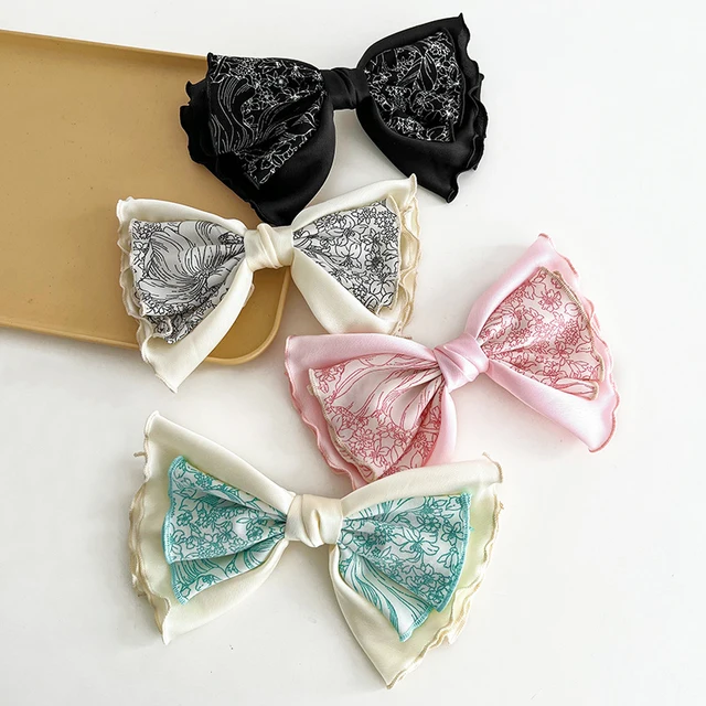 Curly Edge Bowknot Satin Cloth Texture Hair Grips Retro Printing Flower Double-Layer Hair Clip Simple Fabric Barrettes for Women