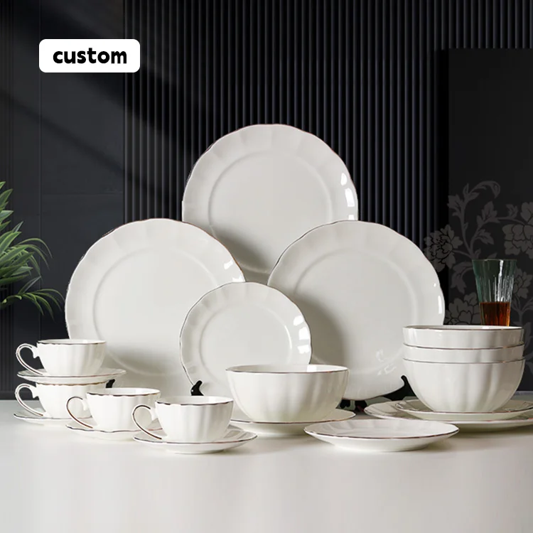 Bone China Dinnerware White Embossed Dinnerware Sets 20-Piece Bone