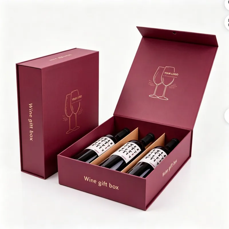 Cutie cadou de lux pentru pahare de vin cu sigiliu în relief și hârtie de ambalaj, cu compartimente, cutie magnetică de înaltă calitate pentru vin, cutie cadou cu cerneală de soia