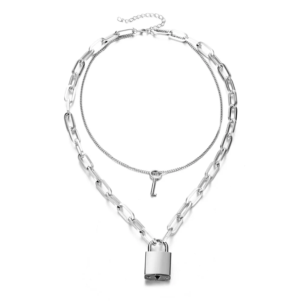 Punk Padlock Necklace Double Layer Stainless Steel