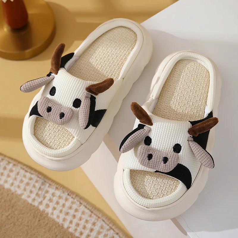 Custom Cow Cartoon Anime Shoes Cow Flog Linen Home Slipper Winter Warm Home Indoor Plush Slippers