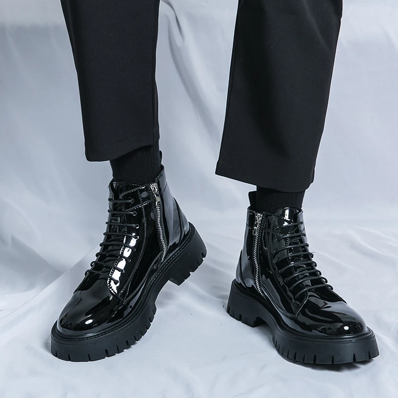 Boots Mens Black Patent Military Boots With Chunky Sole Height