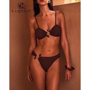 2026 Women's Solid Brown Bikini Set with Decorative Stone Detail Adjustable Strap Swimwear Custom Women's Swimsuit
