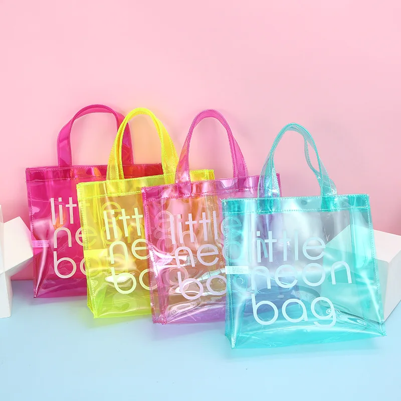 High Quality Custom Fashion Eco Friendly Transparent Little Neon Pink PVC Tote Bag for Women