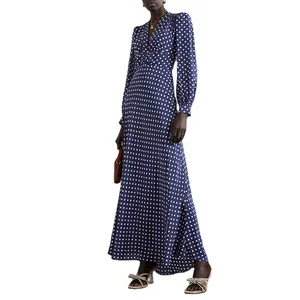 Clothing Manufacturer Custom Spring Autumn Navy v Neck Long Lantern Sleeve Elegant Casual Women Polka Dot Maxi Dress