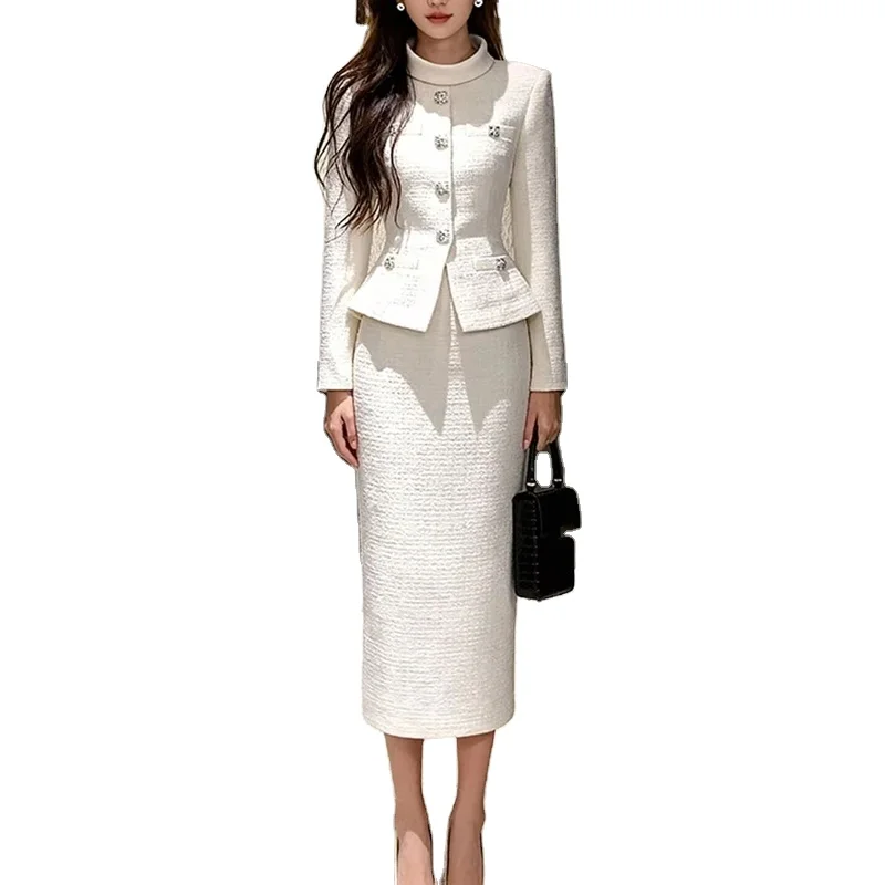 2026 Spring New Lvory White Tweed FakeTwo-Piece Women Long Dress Women Elegant Maxi Party Dress