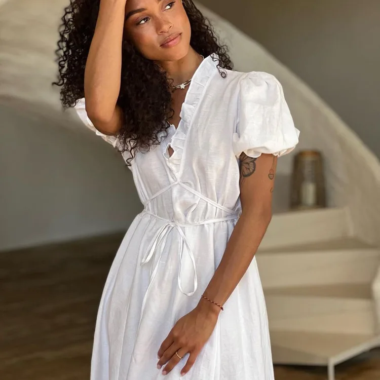 Enyami Summer Cotton Casual Women V Neck Lace up Loose White Pink Cotton  Summer Pink White Ruffle Short Sleeve Long Dress