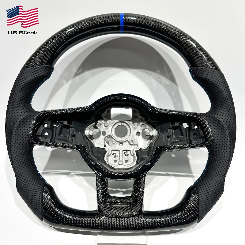 Carbon Fiber & Perforated Leather Steering Wheel for VW Golf MK7 GTI / R – Blue Accents, Flat Bottom