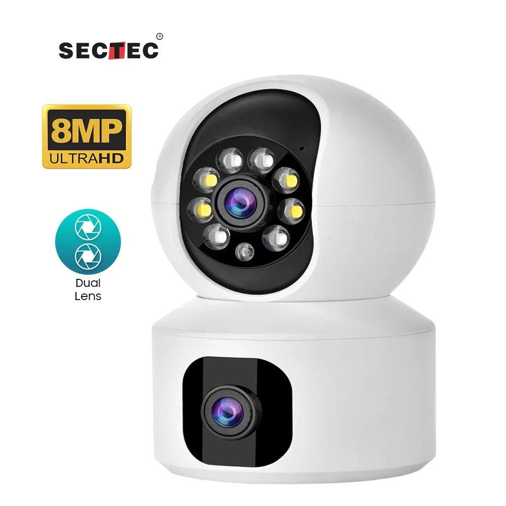 SECTEC New Wifi Pet Baby Monitoring Camera Smart Home System HD 8MP CCTV Dual Lens Linkage Outdoor Camera