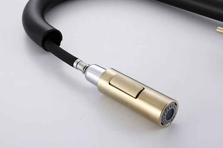 Grifo de fregadero de cocina abatible con sensor táctil negro y dorado con rociador