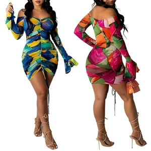 Women's Sheer Chiffon Cover Ups Long Sleeve Pencil Ruched Empire Waist Super Tight Fit Beach Dress for Swimwear
