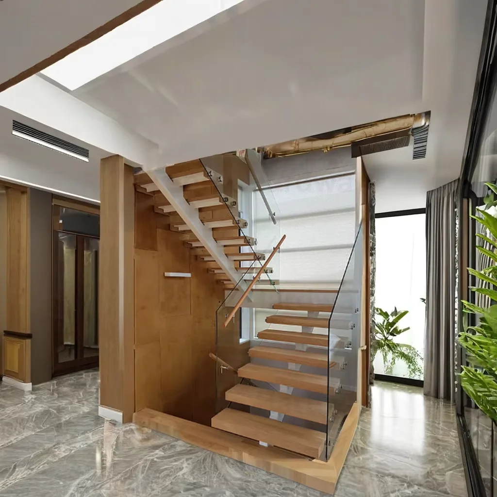 Современная напольная лестница для наружного использования деревянная ступенька со стеклянными перилами вилл