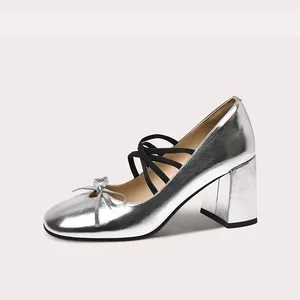 Lily Wei High Heel Elegant Retro Bow Women's New Heeled Leather Mary Jane Shoes for Spring Shallow Mouth