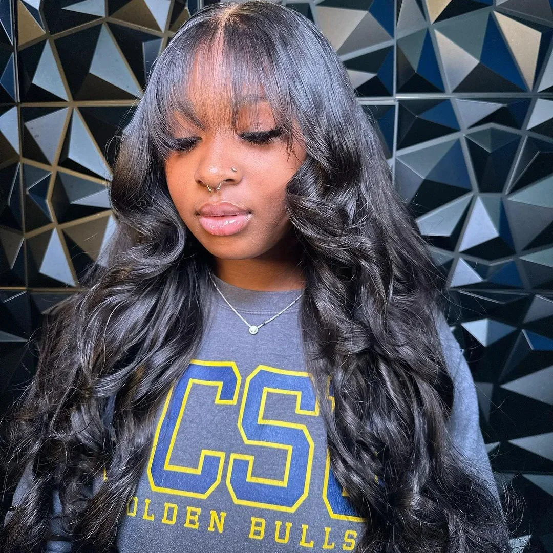 Peluca de pelo humano con flequillo body wave lace t-part negra_voghion.com