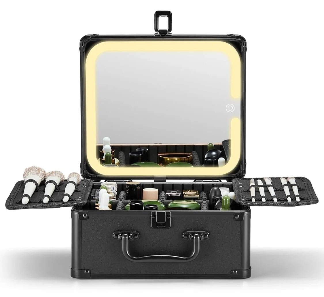 Fashionable Black Makeup Train Case with Large Capacity Adjustable Dividers and LED Mirror Cosmetic Organizer Travel Suitcase