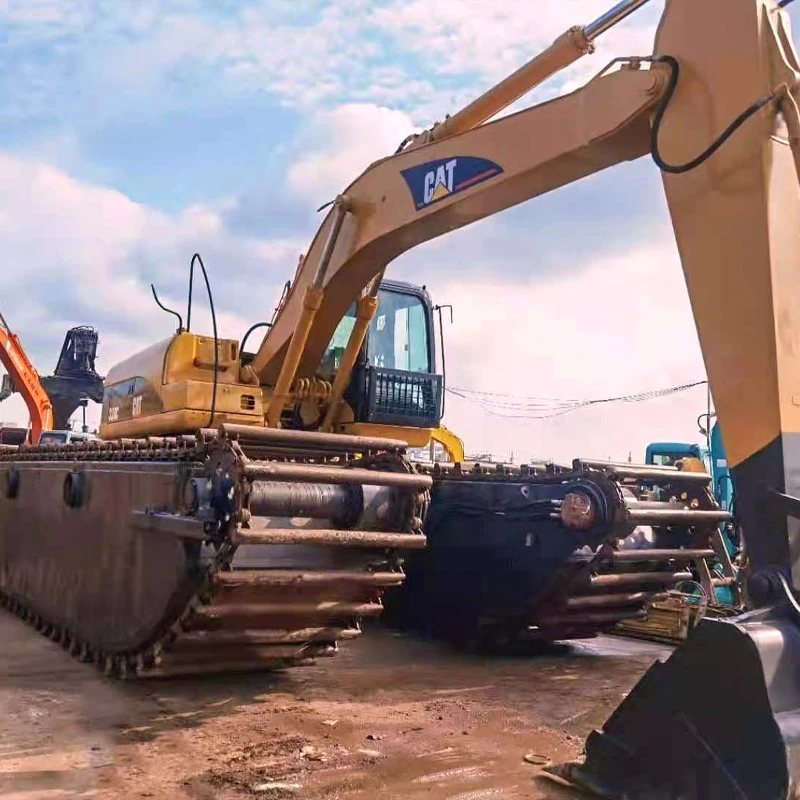 Used Amphibious Excavator Dredger CAT 320, CAT 320C 320CL 320D 320D2 Excavator, River Sand Dredging Machine Pontoon Boat Sides