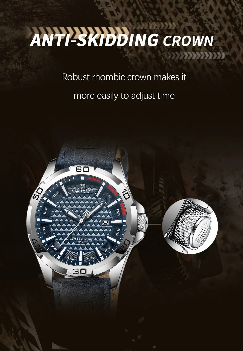 NAVIFORCE 8023 Men Wristwatch Top Brand Luxury Waterproof Watch Blue Genuine Leather Sport Quartz Original Male Clock