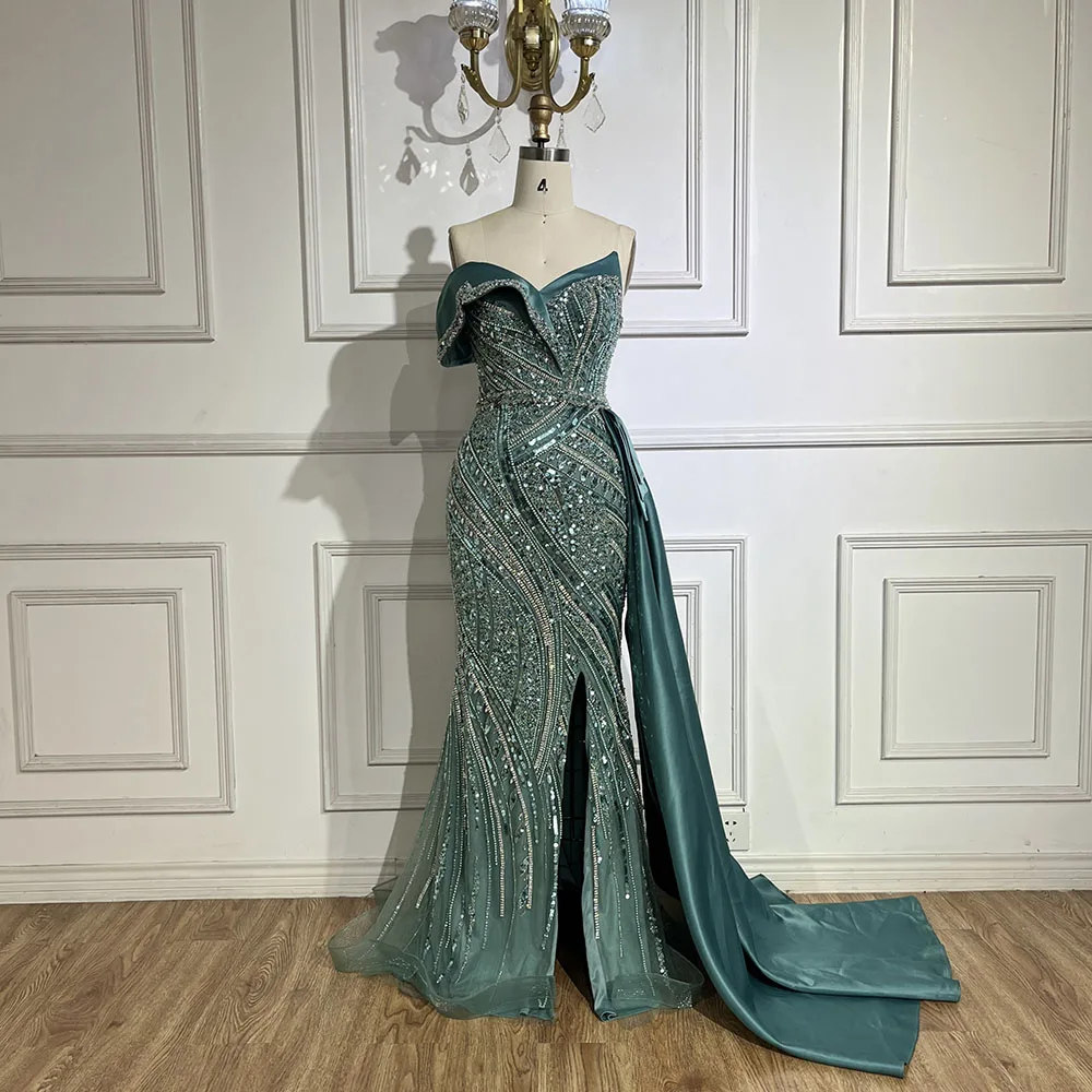 Turquoise Sleeveless Beaded Evening Gowns by Serene Hill