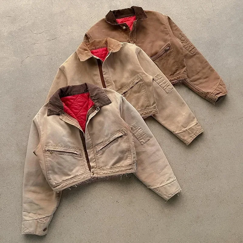 GINWEN Custom Khaki Wash Heavy Canvas Work Jacket Lined Vintage Worker Carpenter Jacket for Men