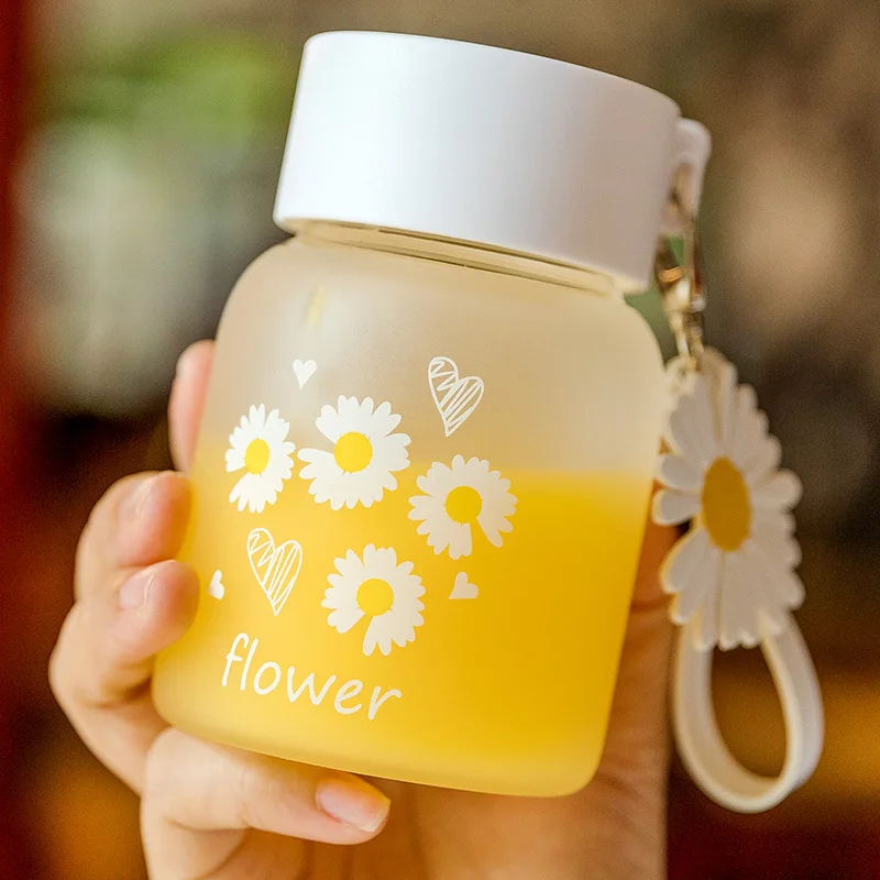 350ml Heat Resistant Small Daisy Frosted High Borosilicate Glass Juice Water Bottles With Portable Rope Travel Tea Cup