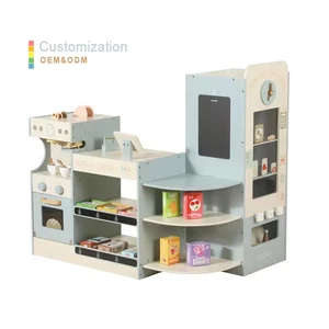 Kids Wooden Grocery Store Play Set Kids Play Store Wooden Supermarket Play Set with Cash Register Coffee Vending Machine