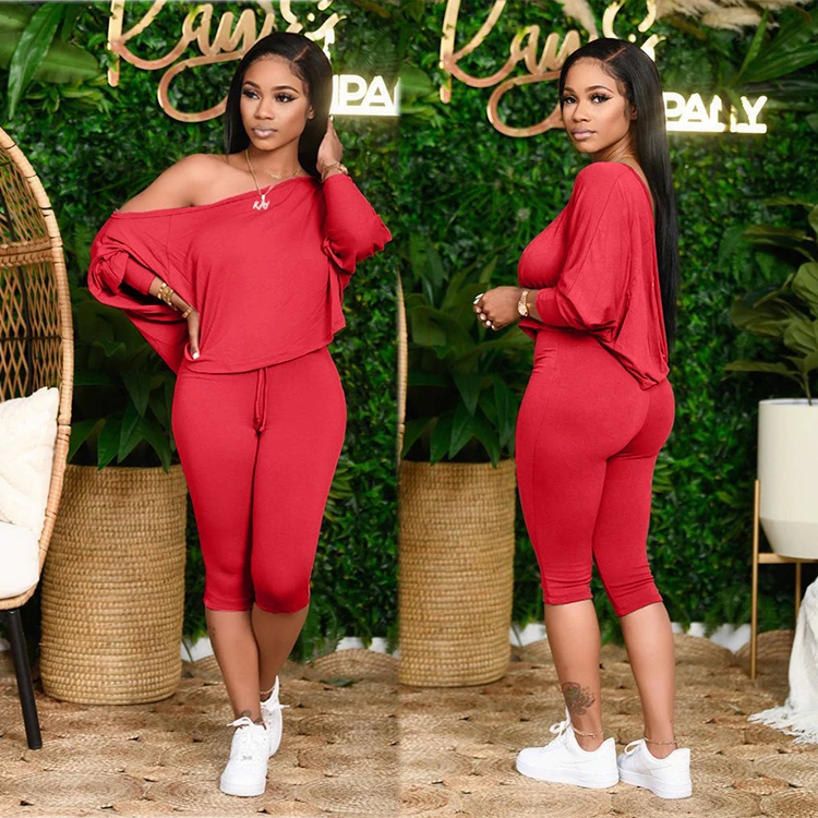 MOEN Off Shoulder kadin setleri Stretchy Fashion Two Piece Set Women Clothing Plus Size Woman 2pcs set