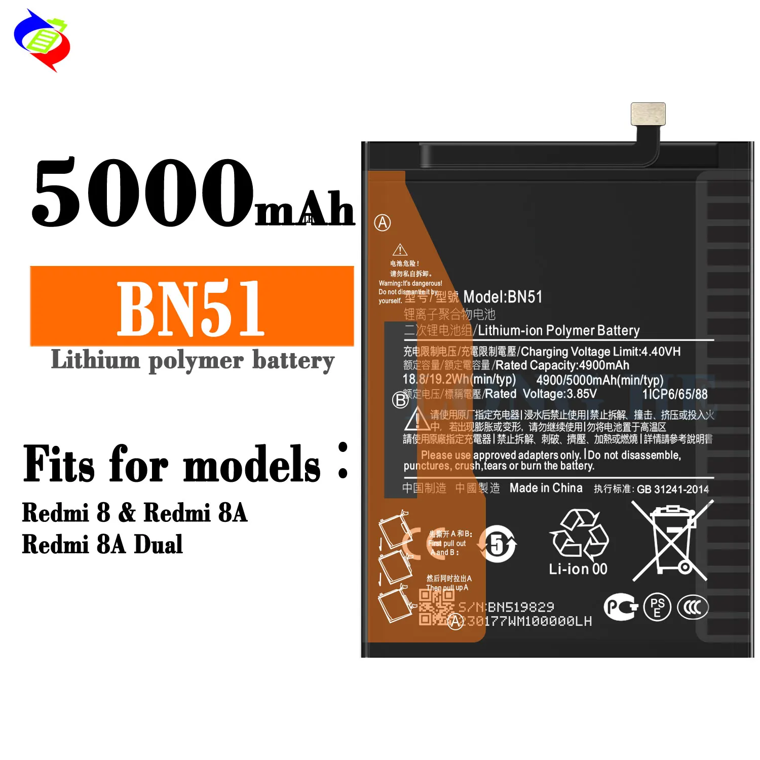 Batteria Per Xiaomi Redmi 8 E 8A - BN51, 5000mAh, Zero Cicli, Con Kit Cacciaviti Per Sostituzione