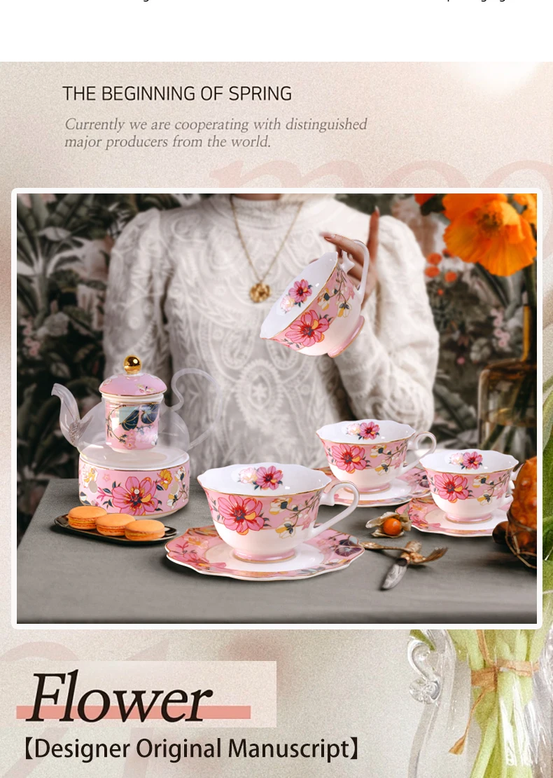 Hot Sell Bone China tea set with tea pot  porcelain 2 tires cake stand ceramic coffee cup and saucer and tea set for party factory