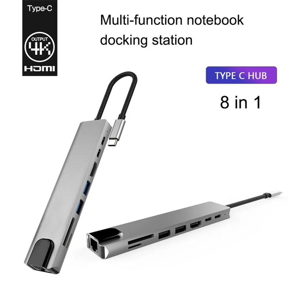 Hub USB C adaptateur multifonction 8 en 1 Station d'accueil USB HDMI 4K HDTV carte SD/TF RJ45