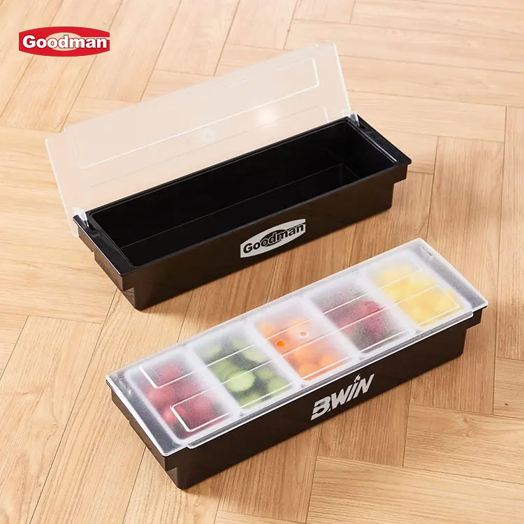 3/4/5/6 Compartments Transparent PC Ice Cooled Bar Snack Fruit Caddy Condiment Container Box Chilled Garnish Tray With Lid