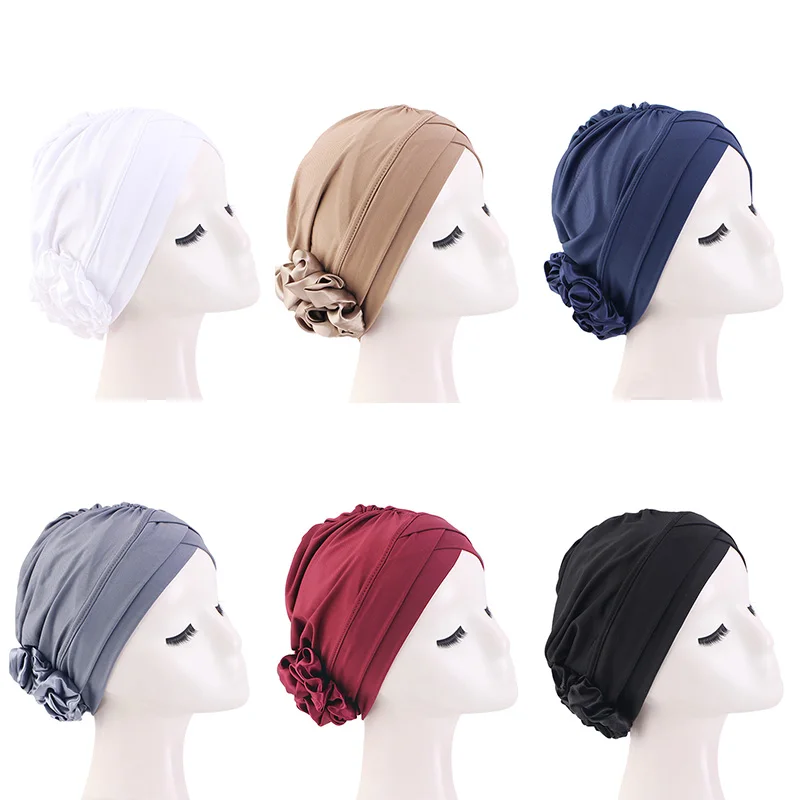 Muslim Women Head Wraps Floral Headwear Plain Beanie Elastic