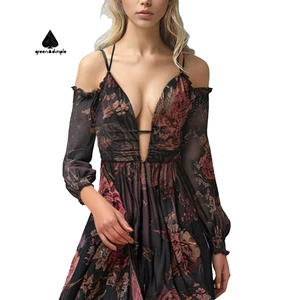 Custom Dress Manufacturer Vintage Women Elegant V-neck Hollow Out Floral Dress Lace up Fancy Ladies Casual Party Dress