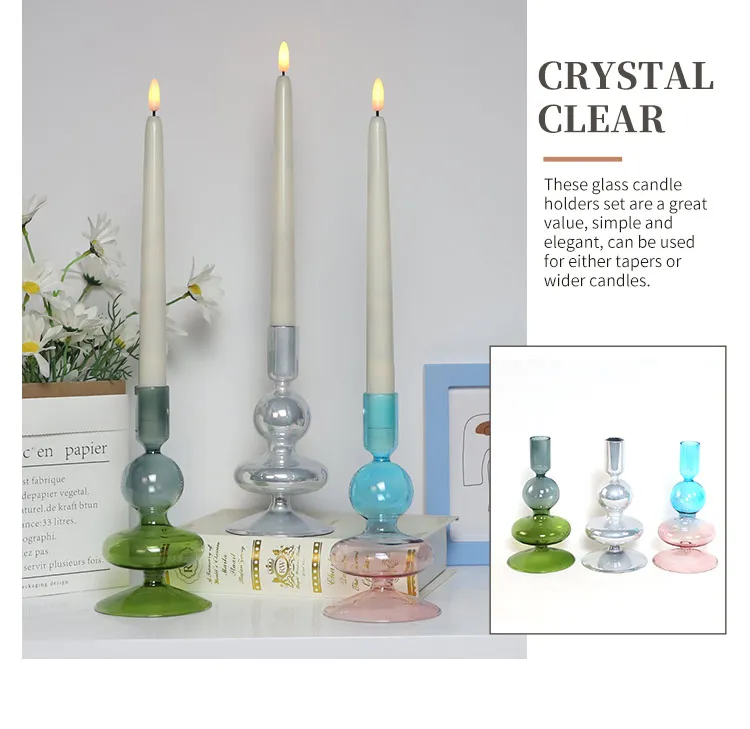 Decorative Modern Pillar Candle Stand Colorful Glass Taper Candle Holder Centerpiece for Wedding Dinning Party details