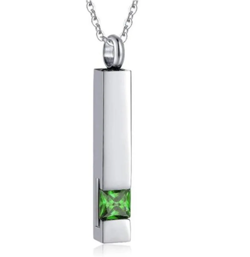 Unisex Stainless Steel Vertical Cubic Bar Container Urn Memorial Pendant Necklace Keepsake 12 color Crystal Cremation Jewelry