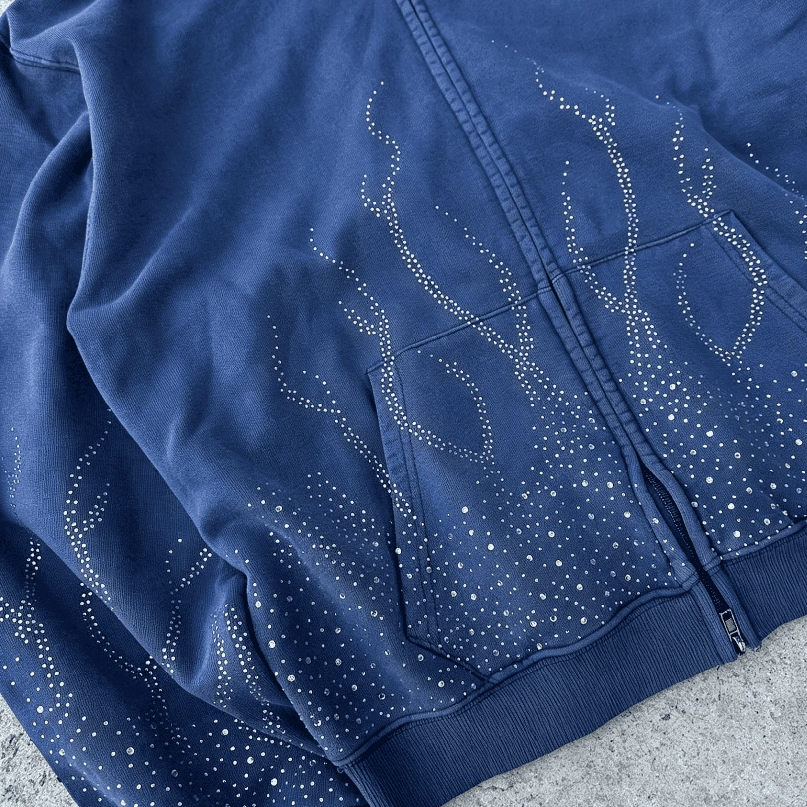 Custom Men's Distressed Vintage-Style 100% Cotton Winter Hoodie with Zipper and Rhinestones Streetwear-Style Sweatshirt gallery 5