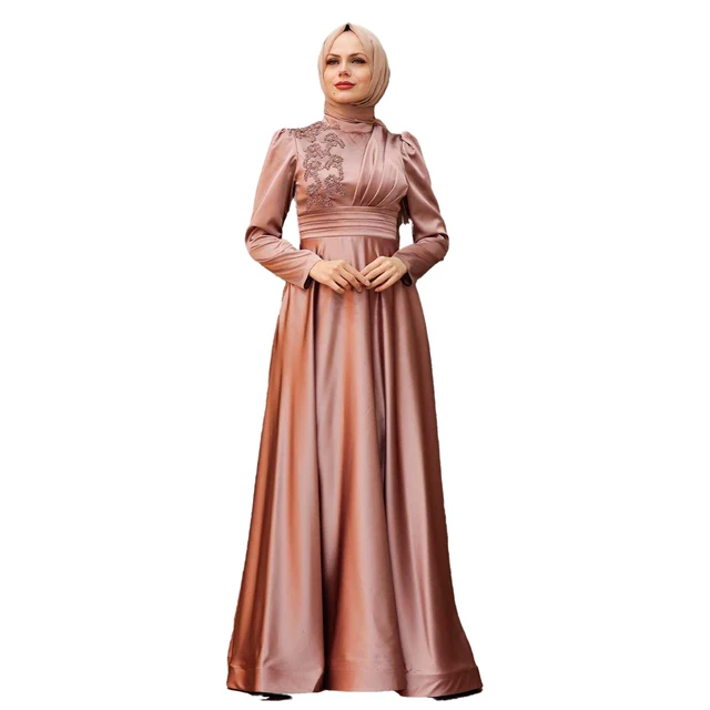 3025 Beautiful hot sell gorgeous Highly aesthetically pleasing Arabian satin muslim party dress gown with hijab ball