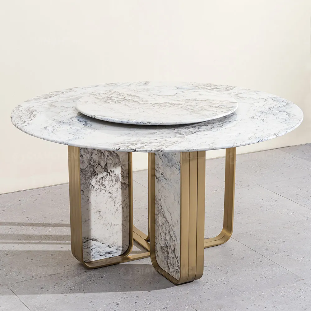 Design Style 12 Seater White Round Concrete Dining Table Feature Gold Steel Marmur Luxury Dining Room Table and Velvet Chairs