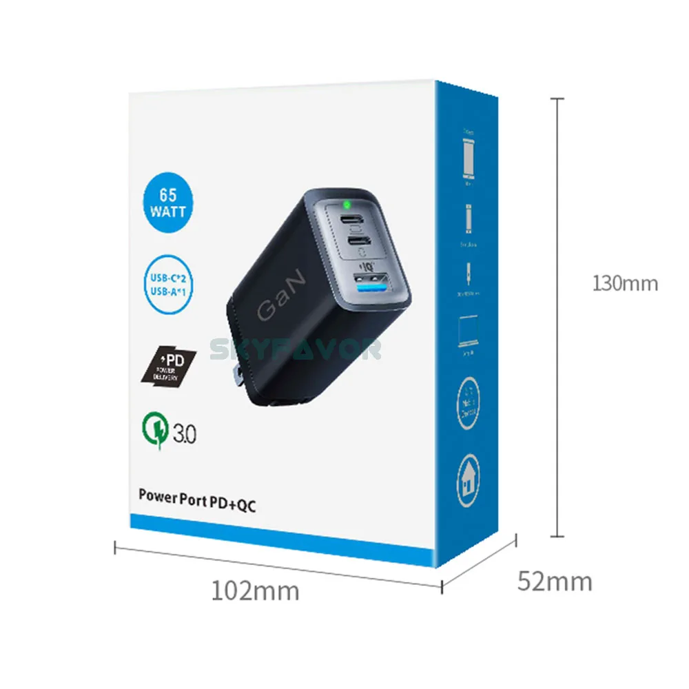 65W Gallium Nitride Charger with 3 USB Ports - Fast & Safe