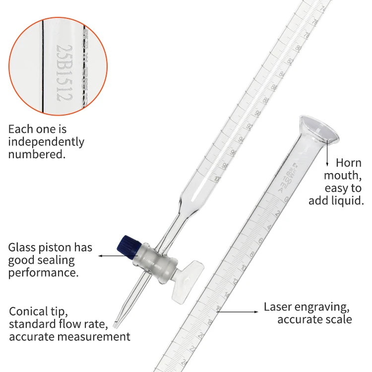 Lab Borosilicate Glass Burette in Various Sizes 10ml 25ml 50ml 100ml for Precise Measurements