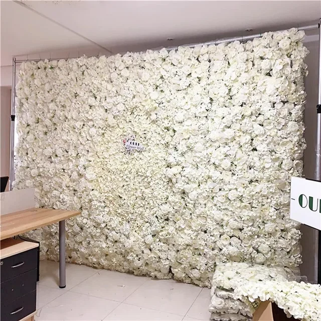 Custom Flower Wall 5D 3D white rolled fabric flower wall wedding decoration rayon rose panel background flower wall