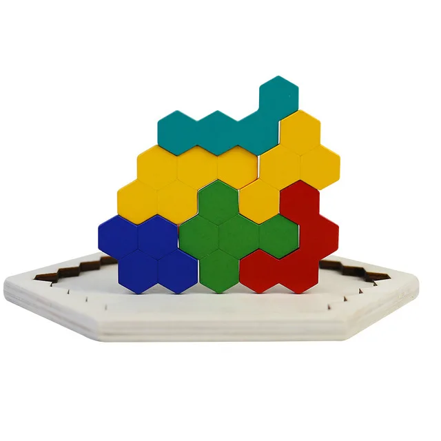 Wooden Hexagon Puzzle for Kid Adults Shape Pattern Block Tangram Brain Teaser Toy Geometry Logic IQ Game